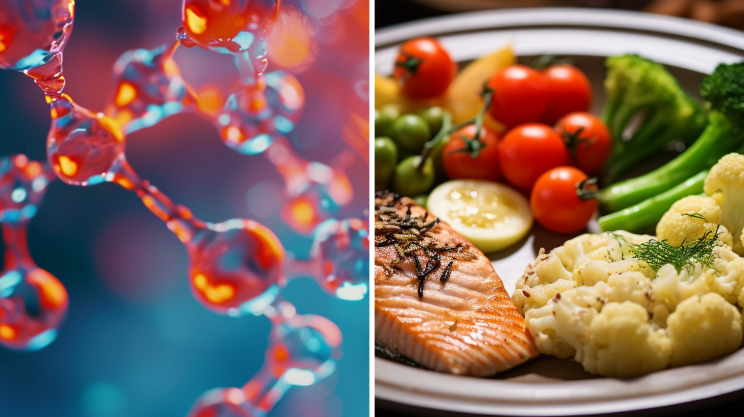 3D scientific rendering of hormone and a food plate showing a low-carb diet.