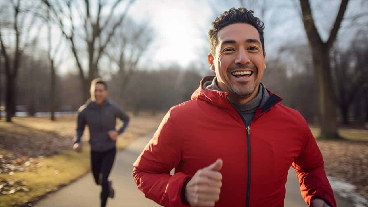 hispanic male mid 60s running in the park with a friend during the winter