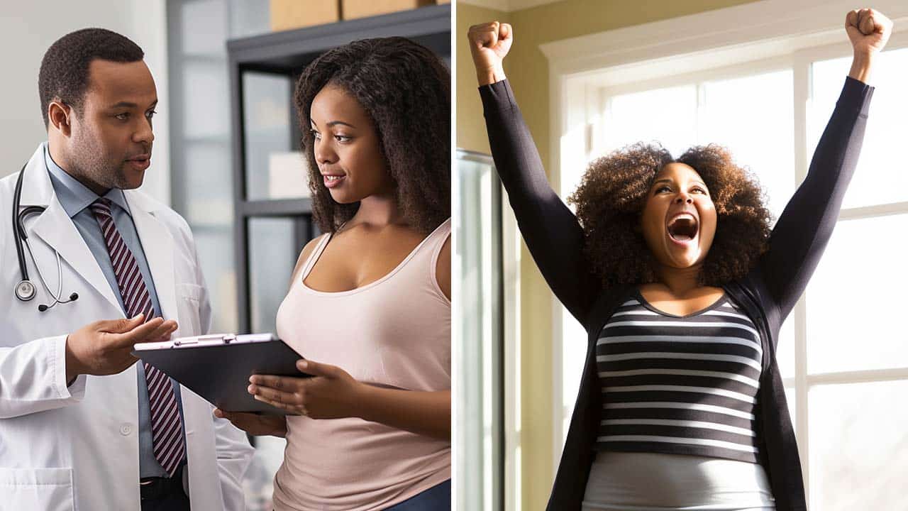 a white nurse talking to a black female patient in a medical clinic, black woman slightly over weight standing on a bath room scale with arms raised in the air because she has lost weight