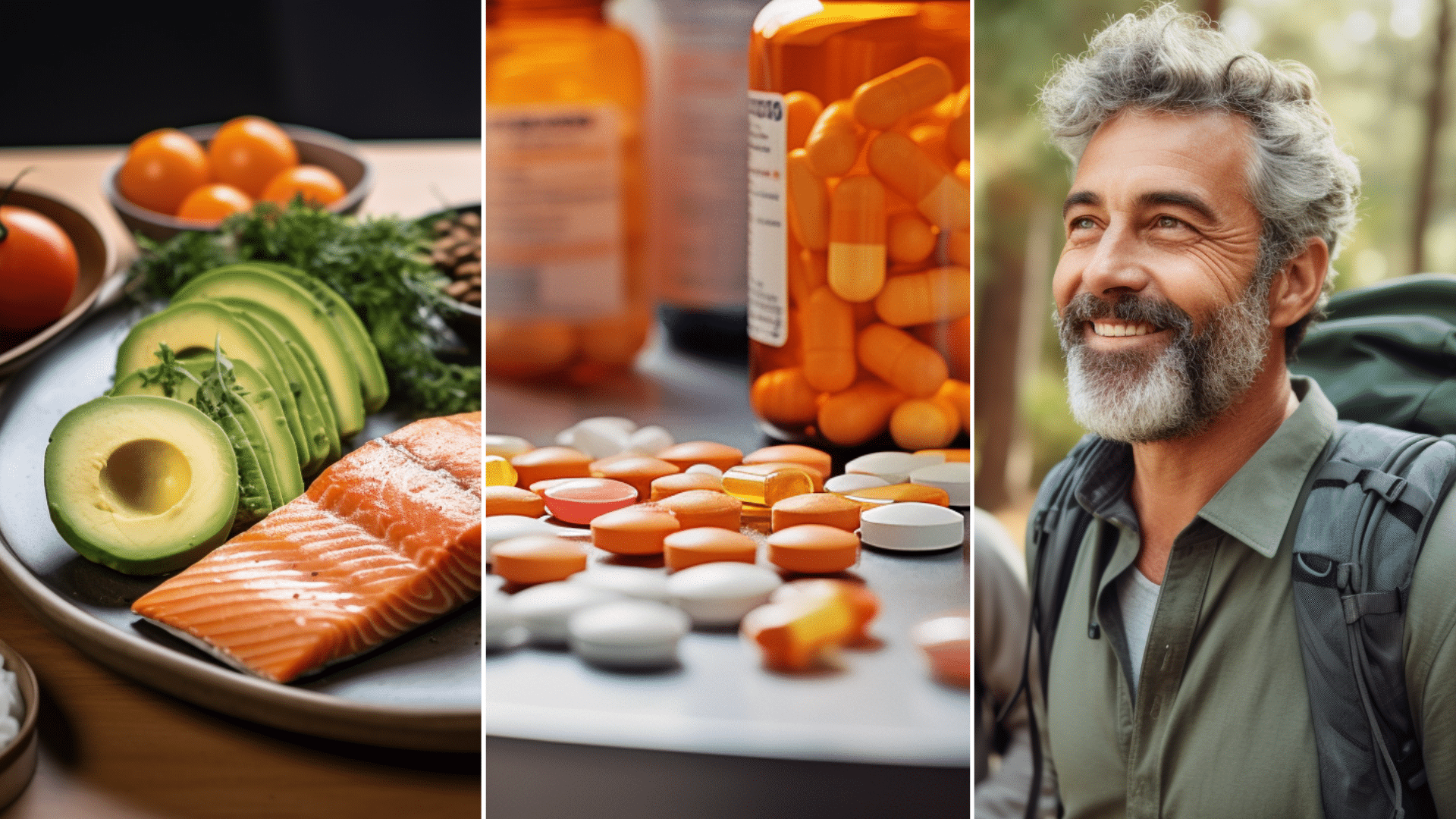 medications, hiking activity, and keto diet meal.