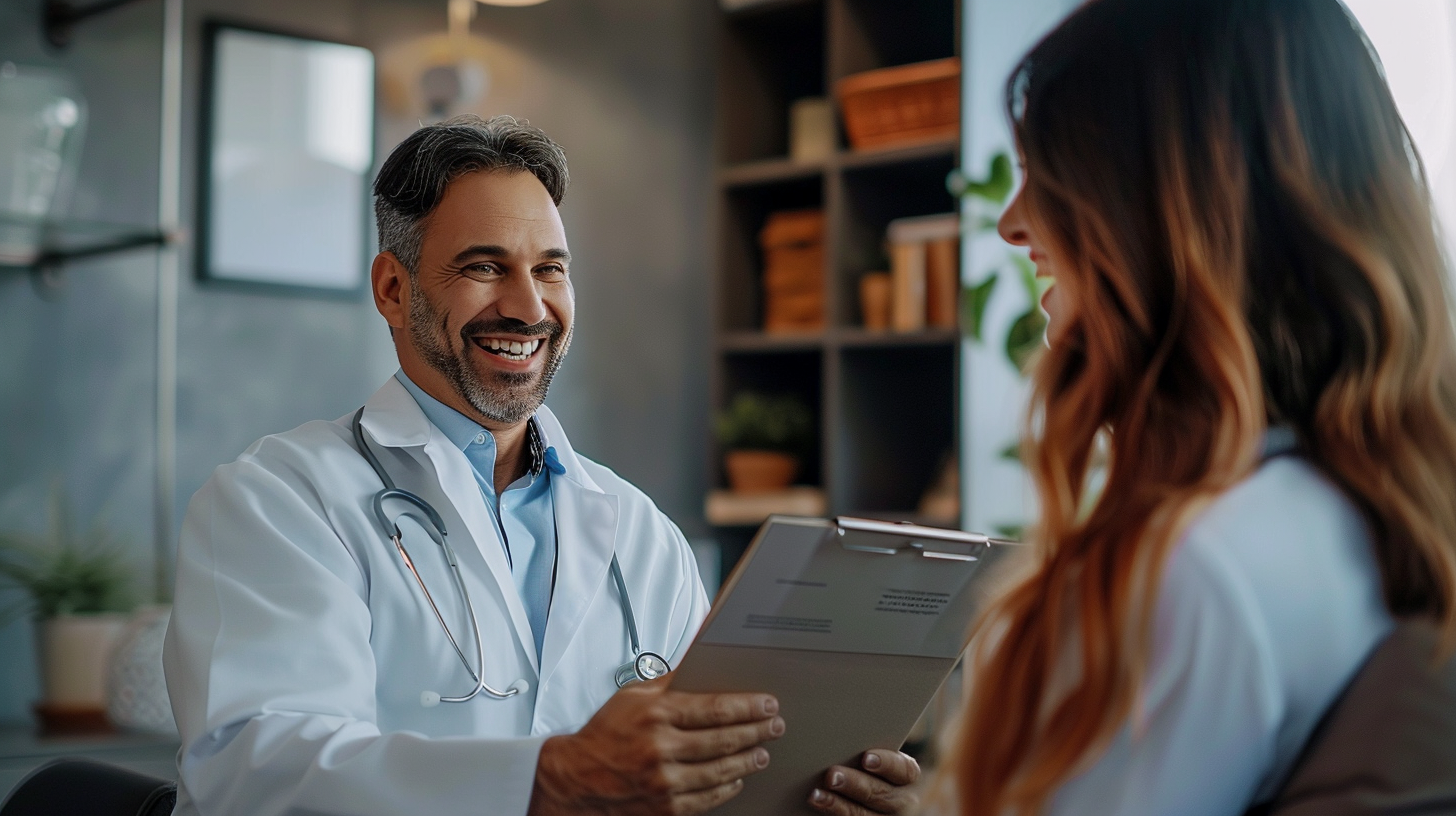 A doctor holding a medical chart happily talks to a patient about weight loss.