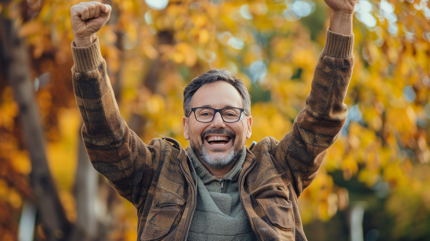 A man in his 40's is outside in the park smiling happily with his both hands are raise in the air.