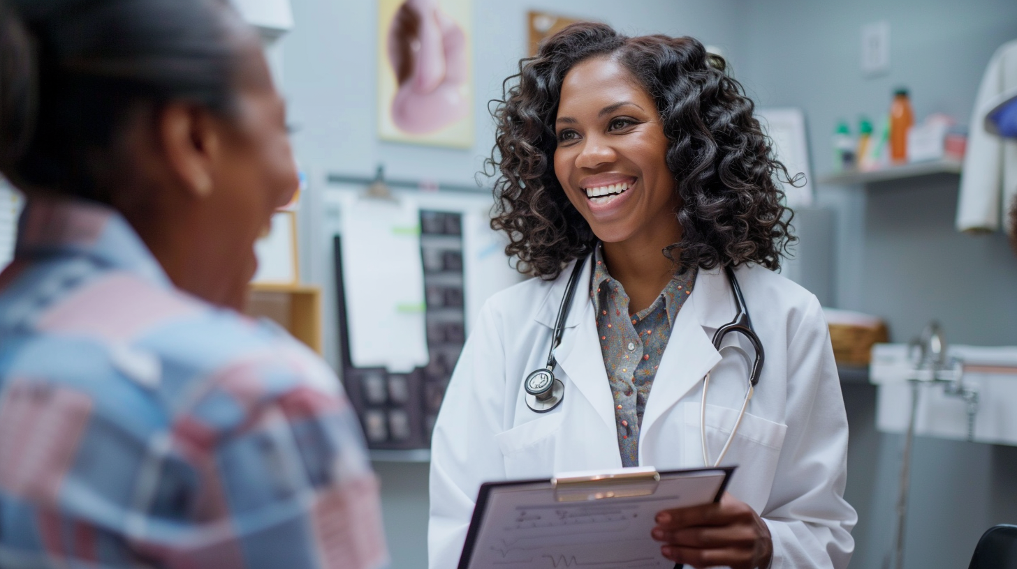 A smiling medical doctor holding a medical chart is talking to a patient about weight loss inside a clinic.