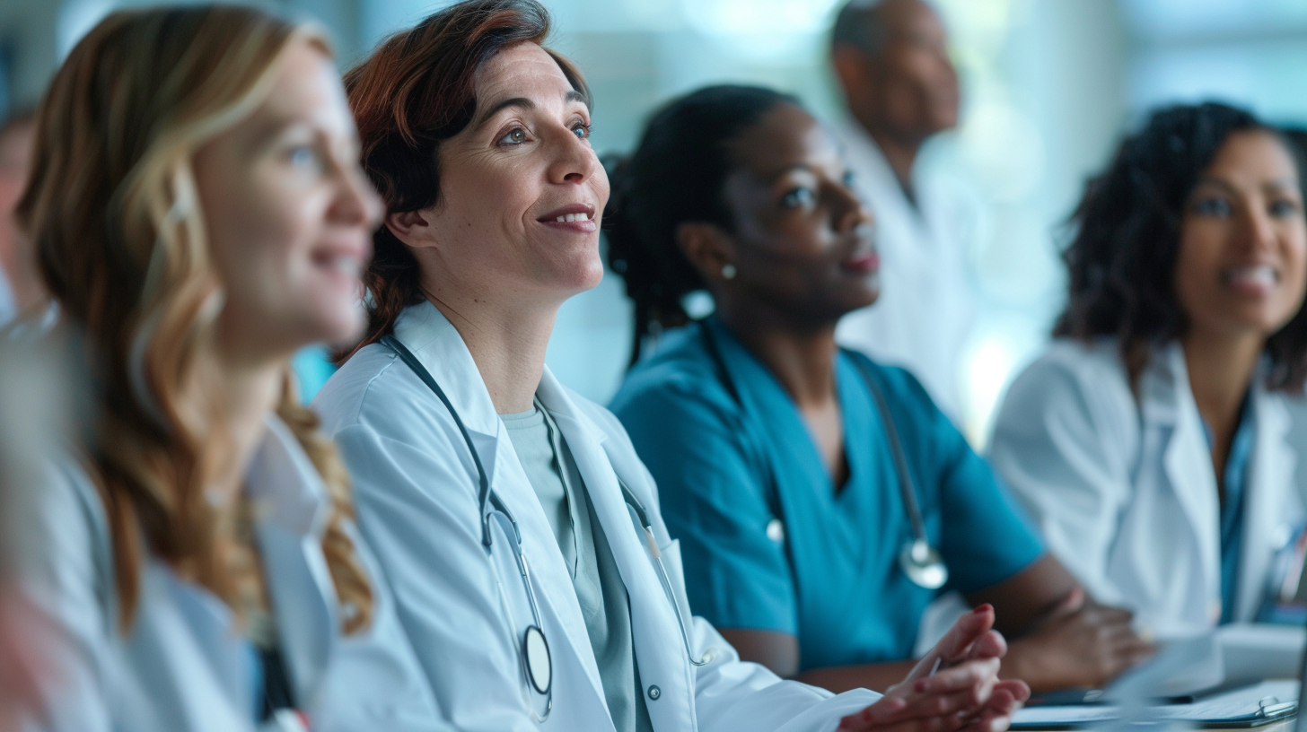 A group of multinational medical professionals having a conference in a hospital.