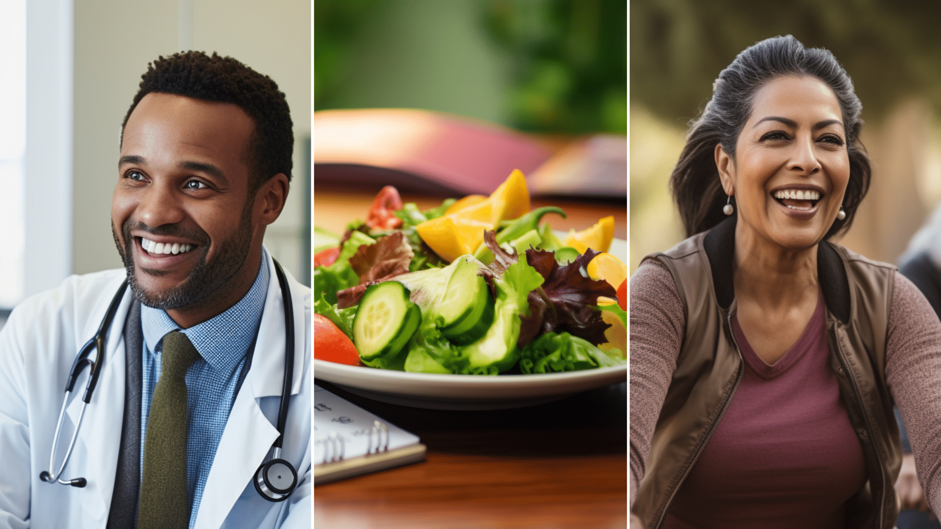 A slightly overweight patient having a consultation with a doctor wearing a white coat in a clinic. A medical health worker giving a questionnaire assessment to a group of slightly overweight male and female mid 40s inside a clinic. A hispanic woman in her 40s biking the park together with her friend.