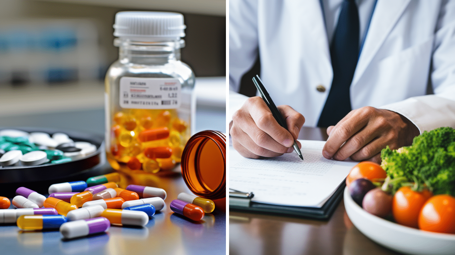 A medication and a dietitian writing a meal plan.