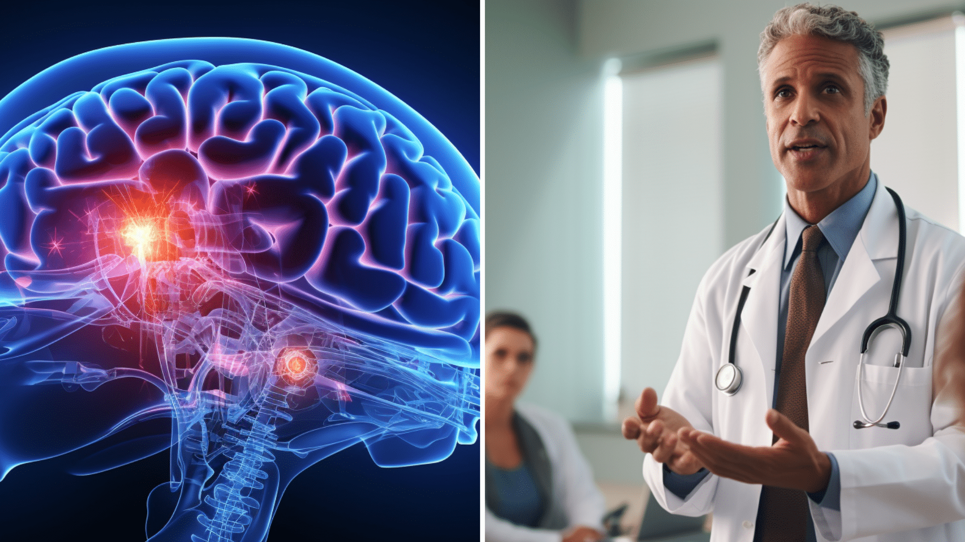 A doctor counseling in a clinic room. 3D scientific rendering xray of a human brain inside the skull.