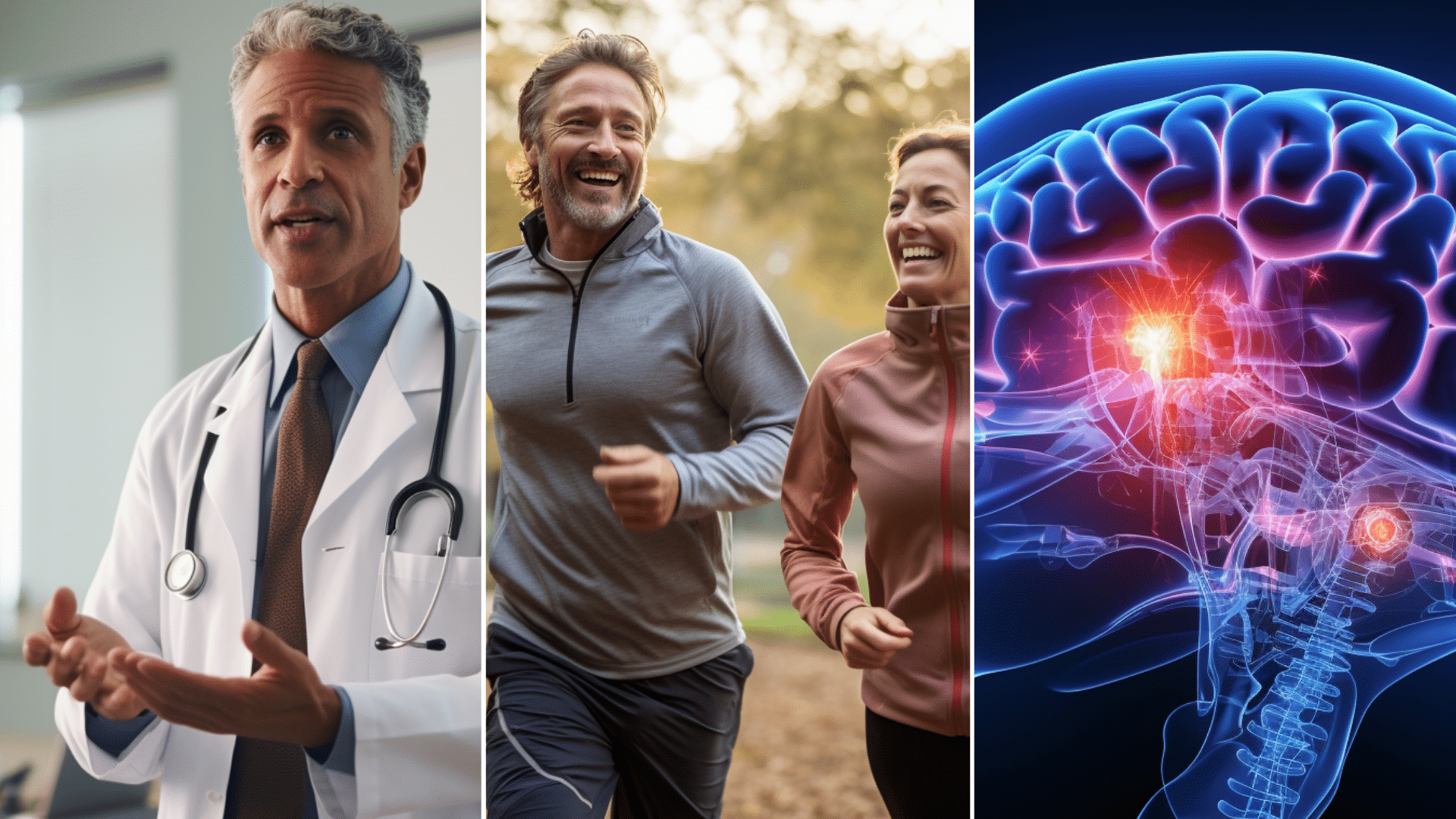 A doctor counseling in a clinic room. 3D scientific rendering xray of a human brain inside the skull. A couple doing jogging outdoor.