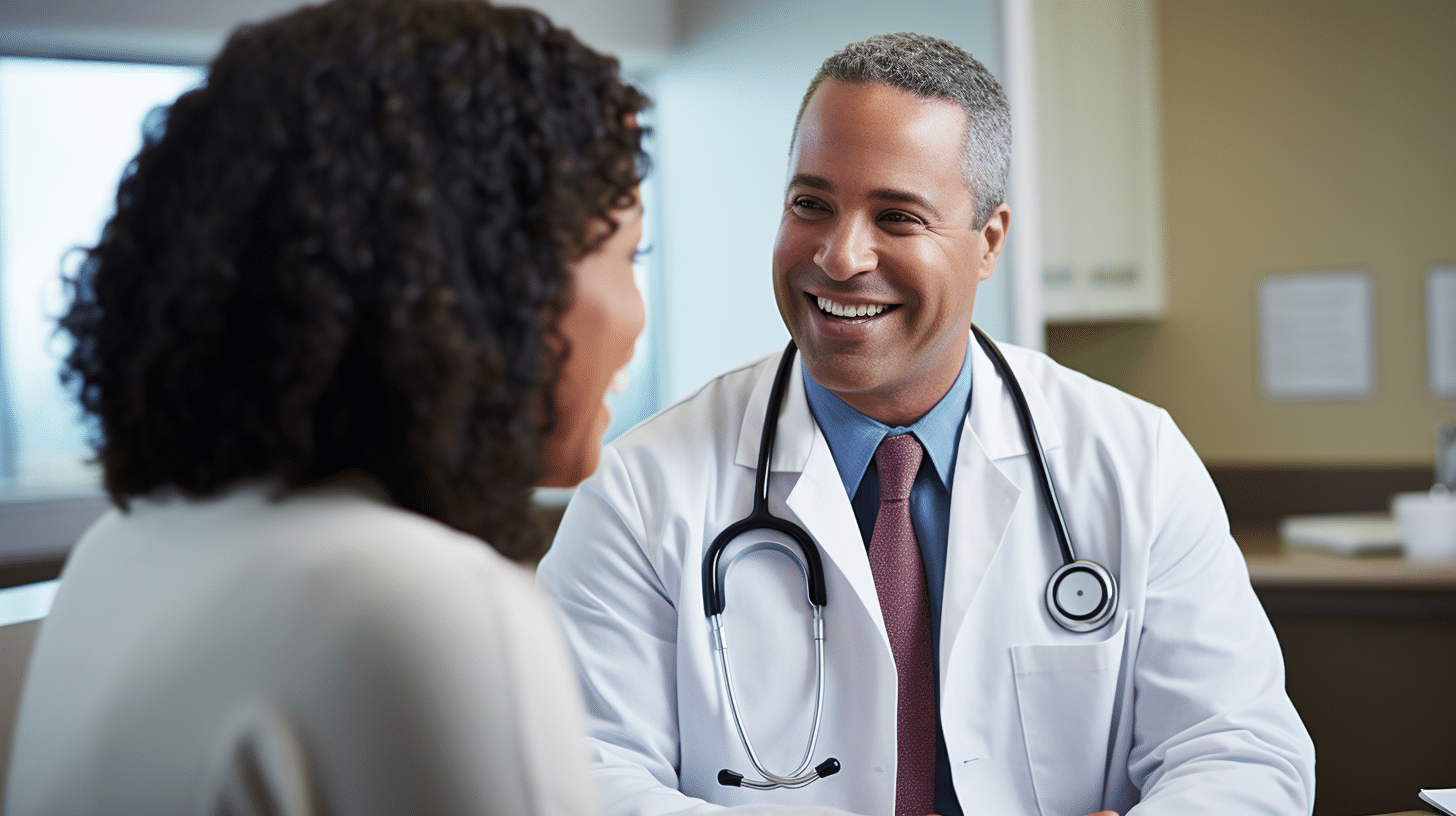 A medical doctor and a patient having a follow-up consultation in a clinic.