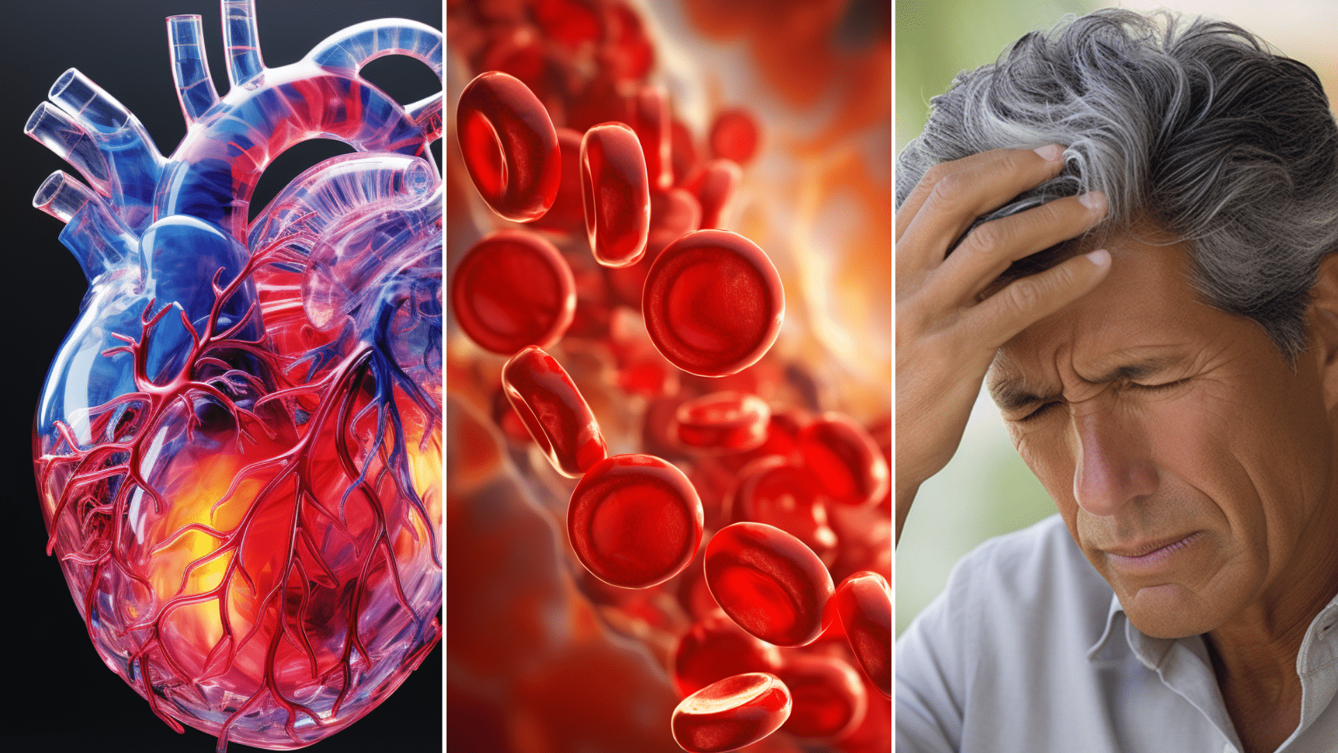 human heart, bloodstream, a hispanic man holding his head