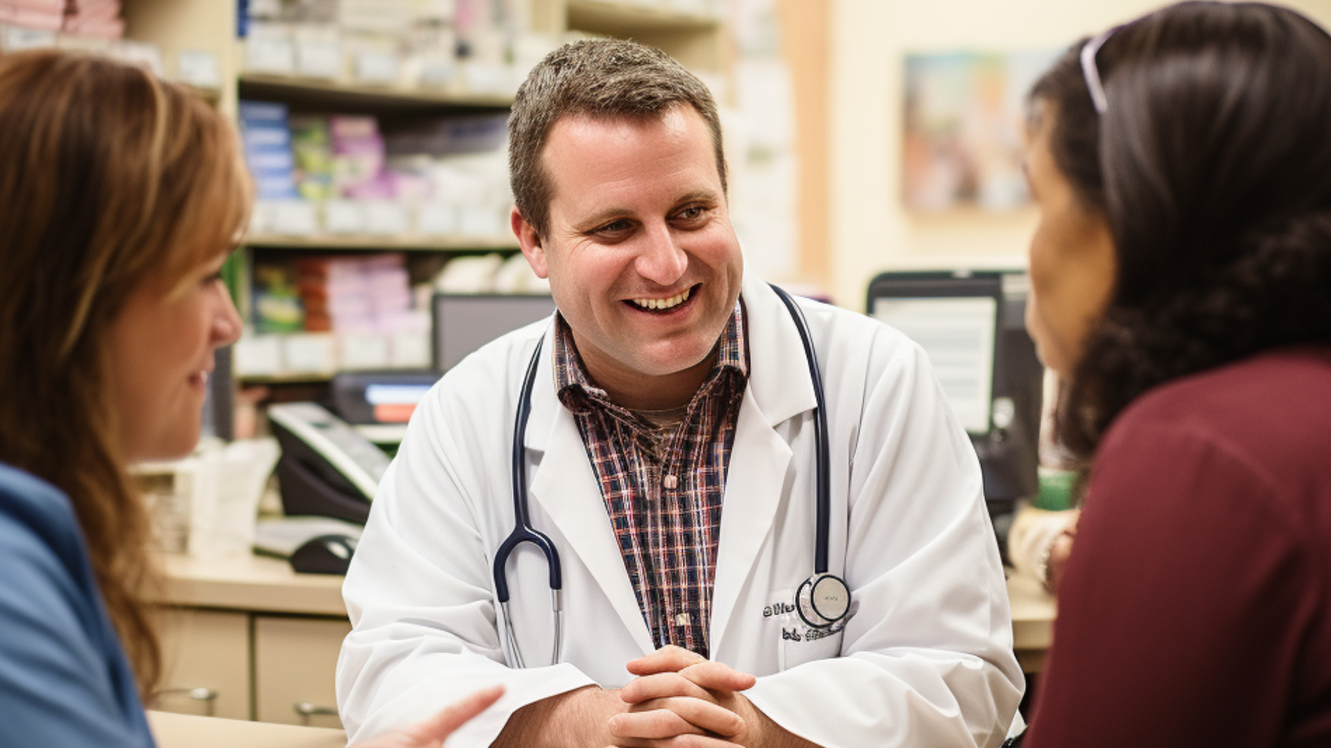 A hispanic doctor having consultation with two patients in a clinic