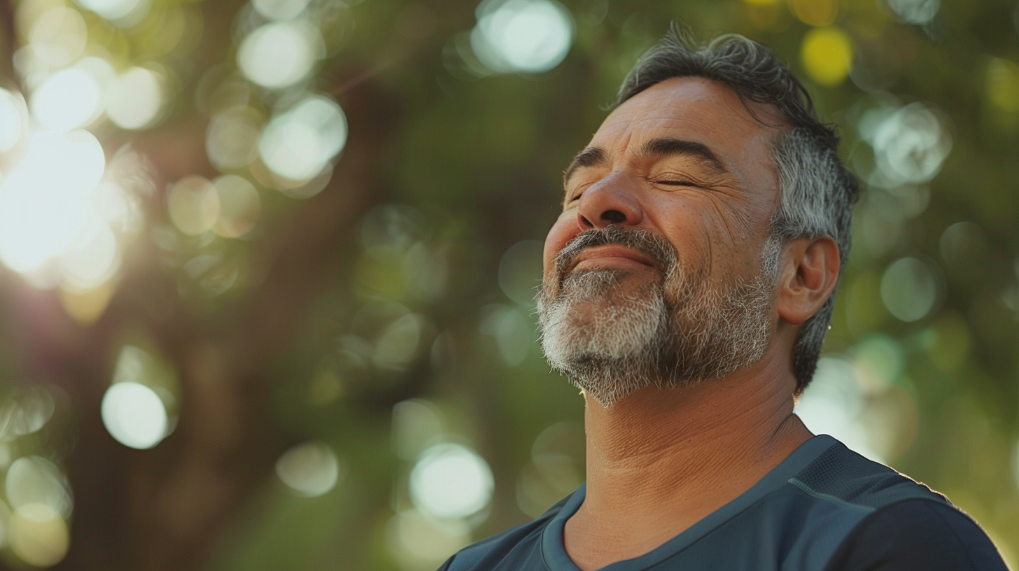 A hispanic man mid 50-60 years old standing outside, expression of relief, eyes closed with a smile, wearing sportswear and fitness watch, breathing deep air