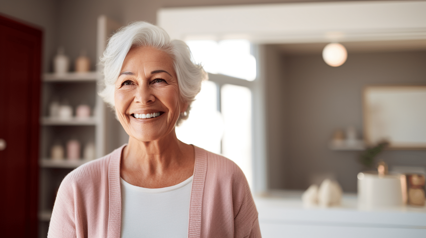 A slightly overweight woman who is in her 60s standing in front of the mirror with a happy face.