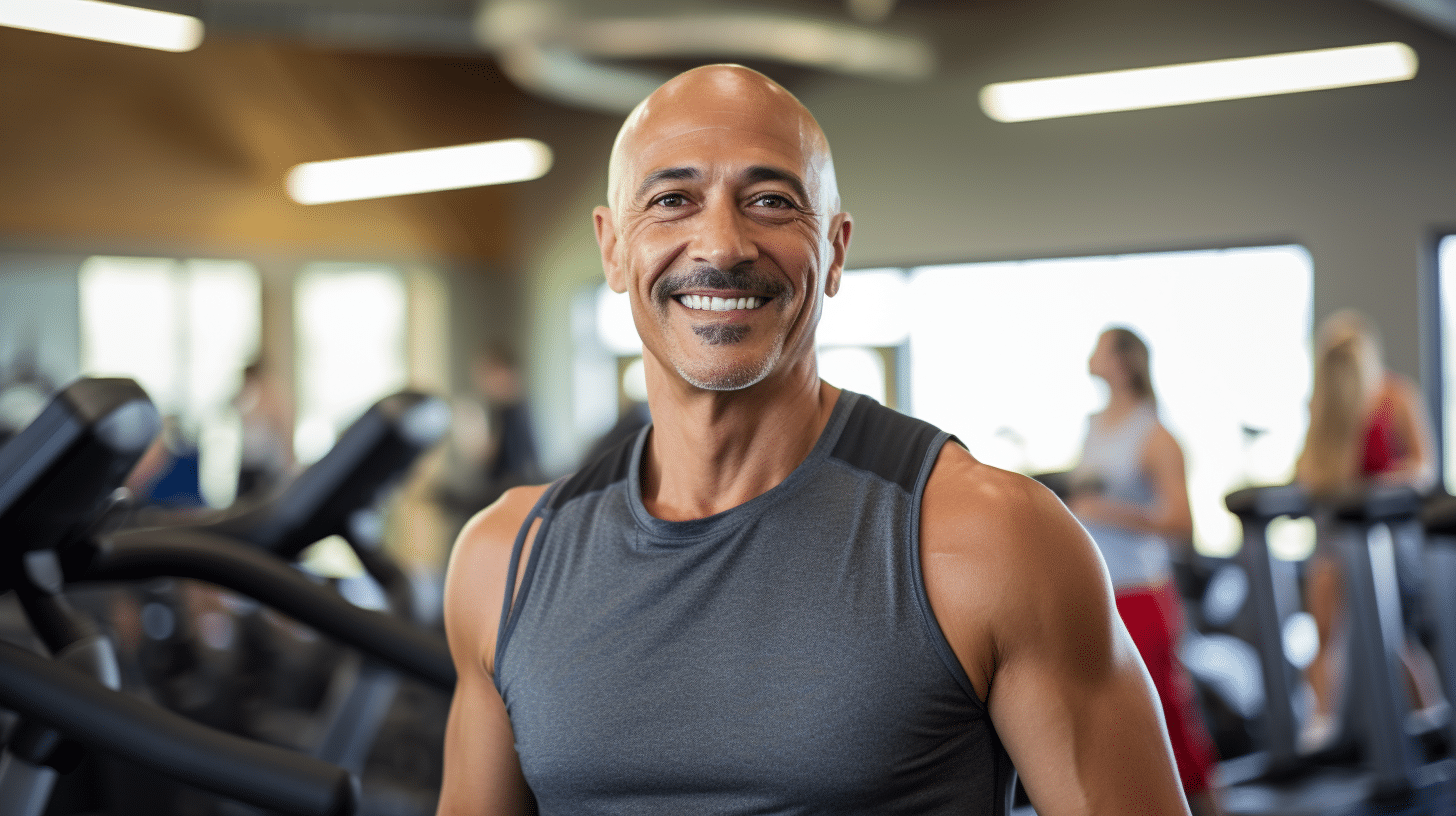 Hispanic male 45 years old doing high intensity training at the gym.