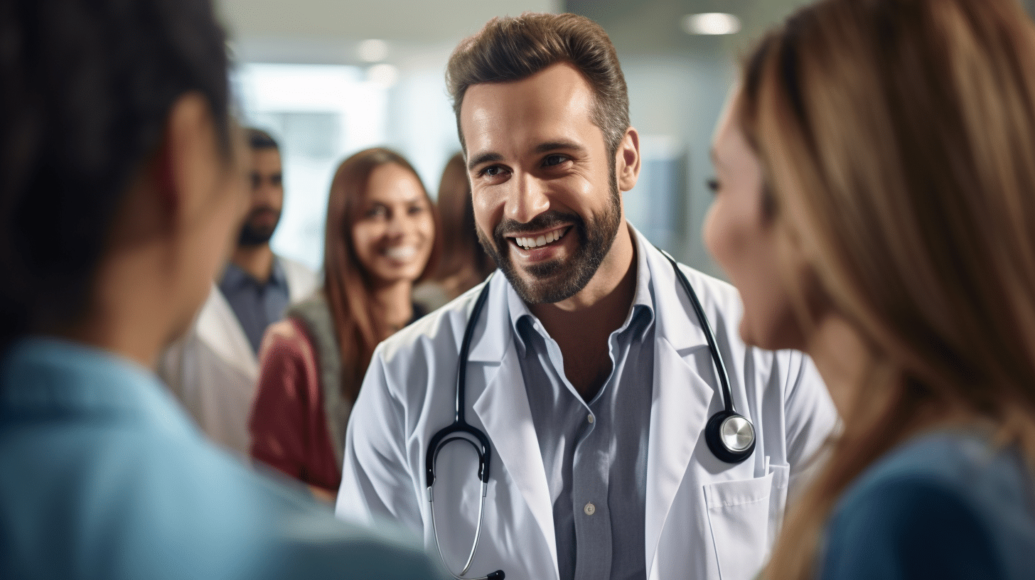 A medical health worker giving a questionnaire assessment to a group of slightly overweight males and female mid-40s inside a clinic.