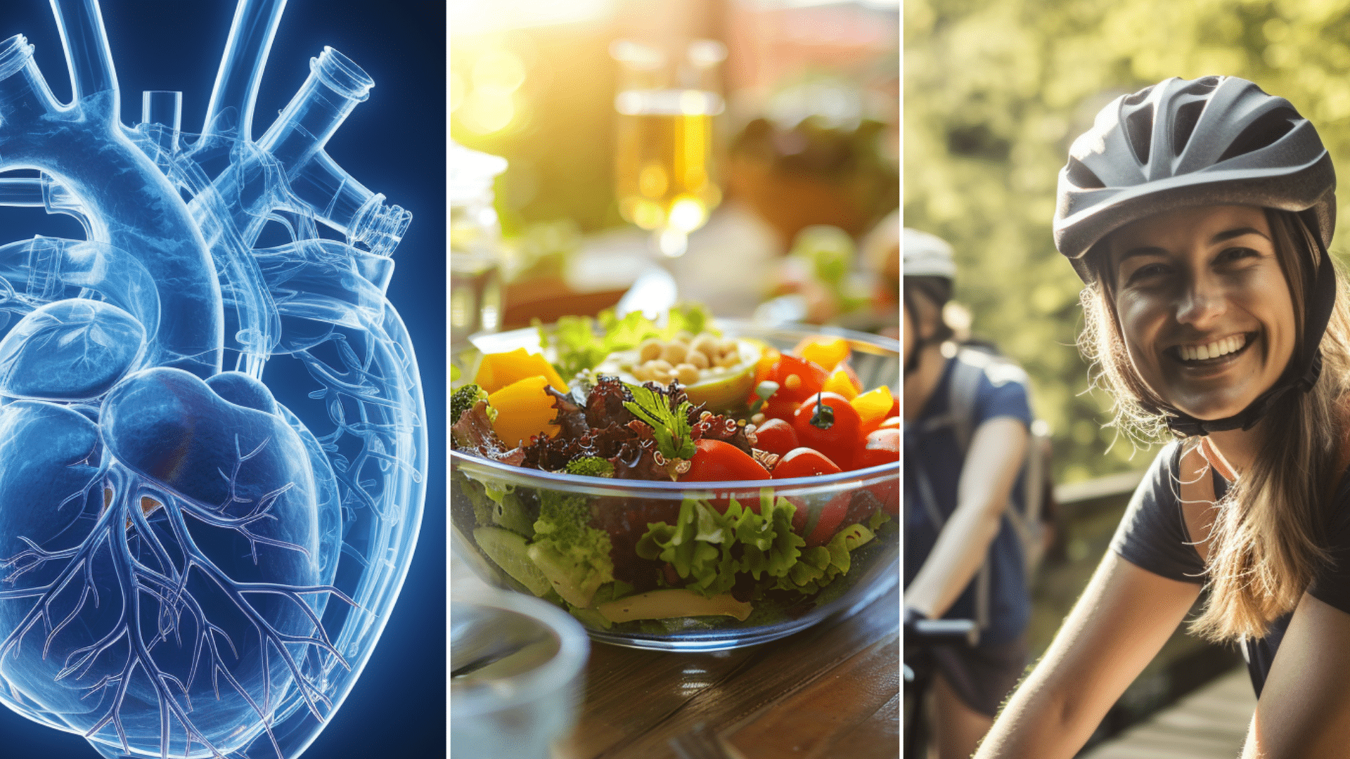 Group of friends riding on a bike, a keto salad, and xray human heart.