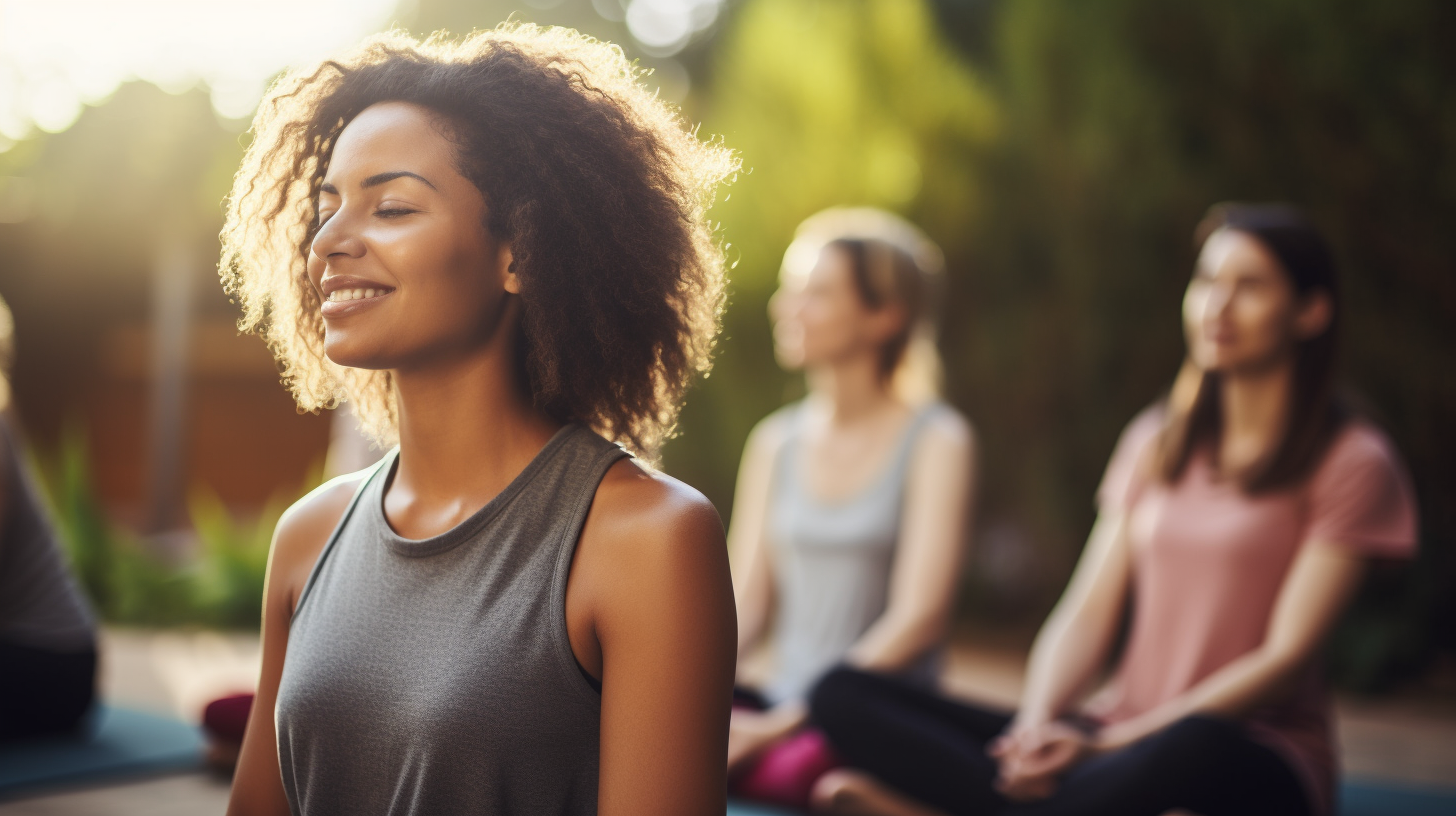 An image of a fulfilled woman doing meditation yoga with her friends.