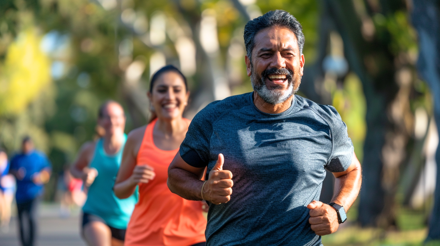 A Hispanic man in his 50's jogging outdoors.