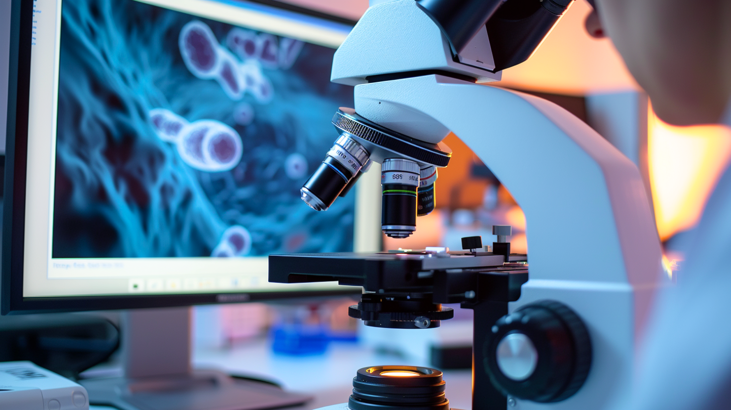 A microscope with an integrated camera that takes pictures of cell samples.
