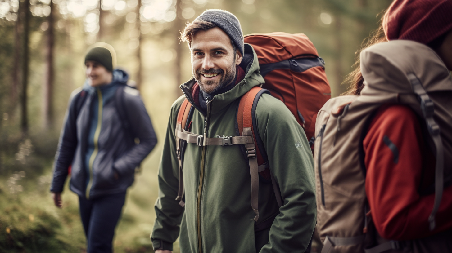 A group of friends aged 40-50 go hiking, each bringing a camping bag.