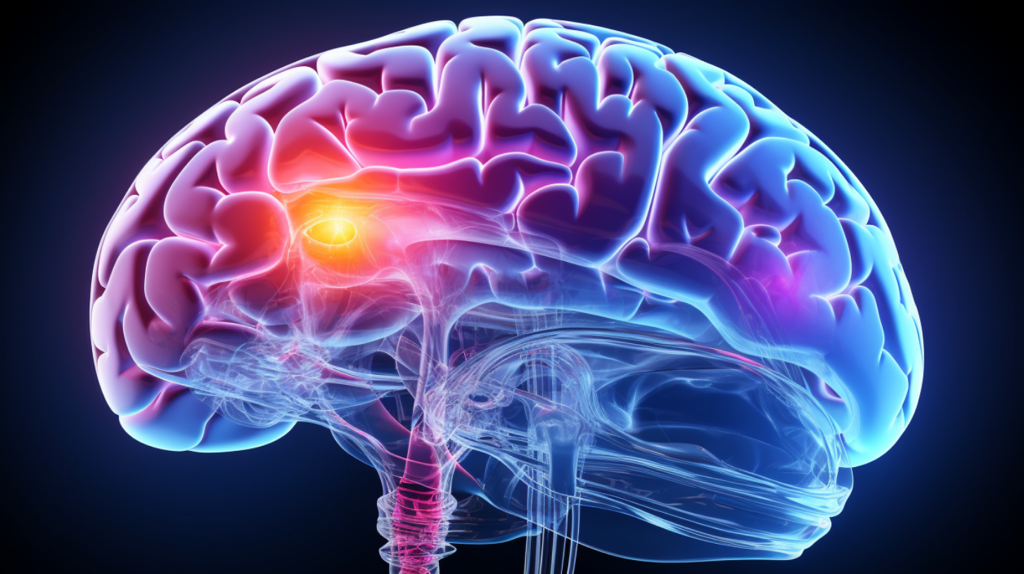 A 3D rendering of a human brain.