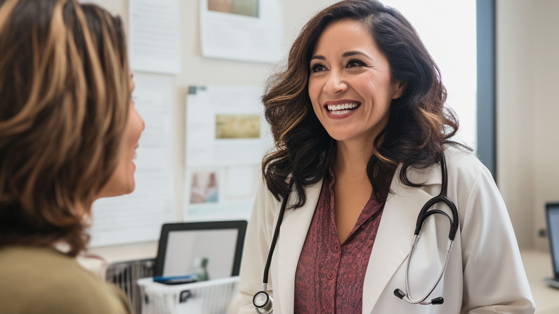 A woman doctor is talking with a patient.