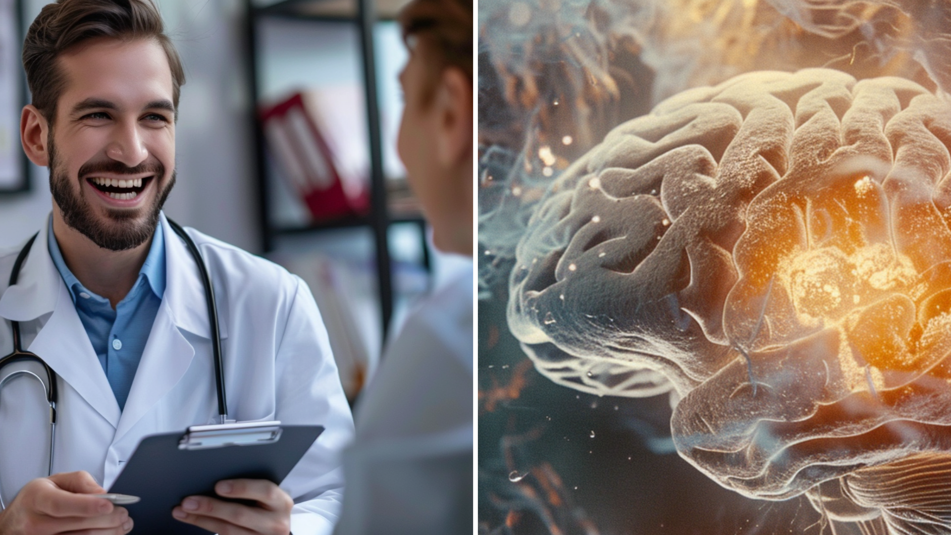 A doctor is talking with a patient and a human brain.