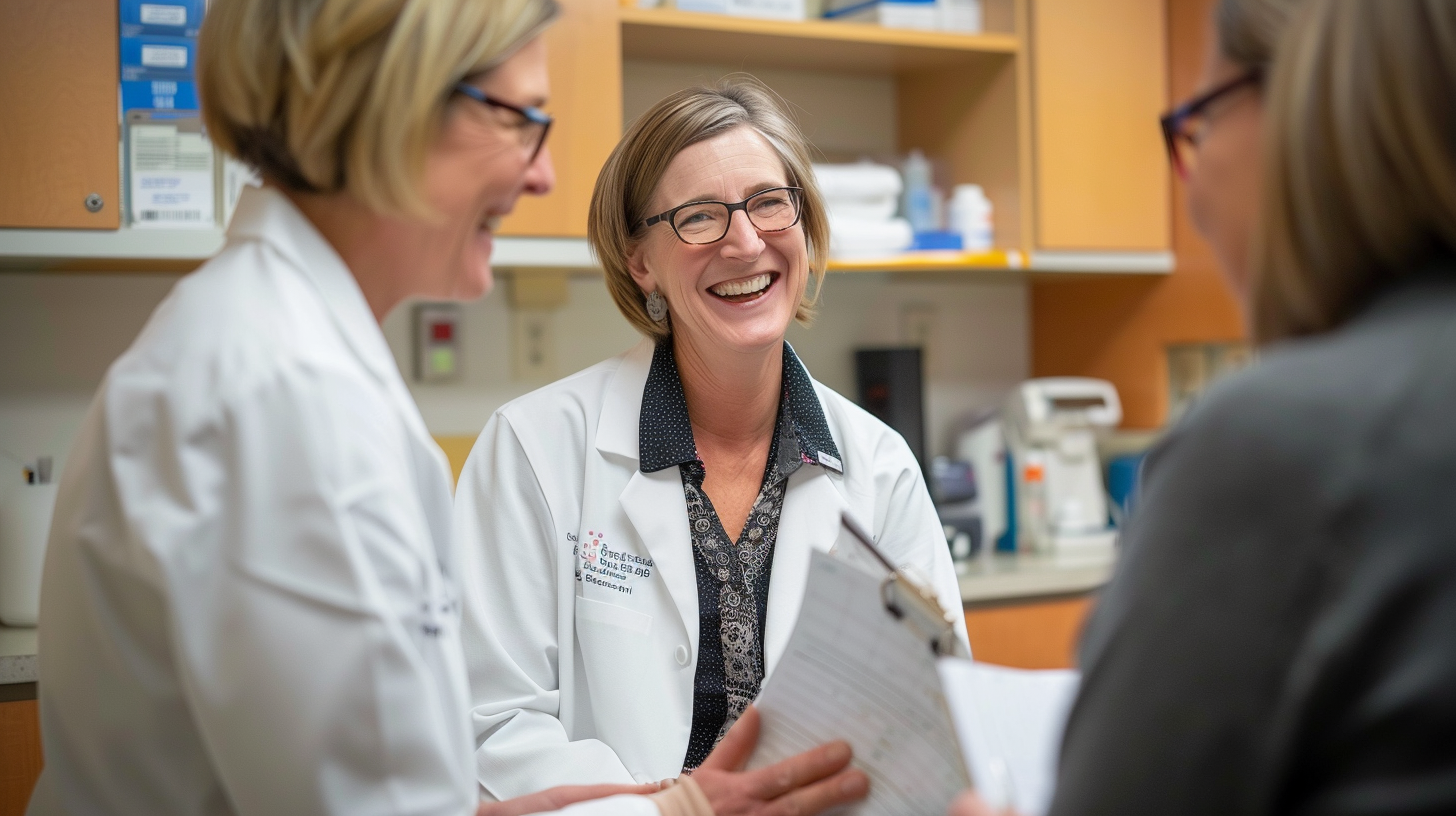 A medical doctor engaged in a conversation with her assistant and patient.