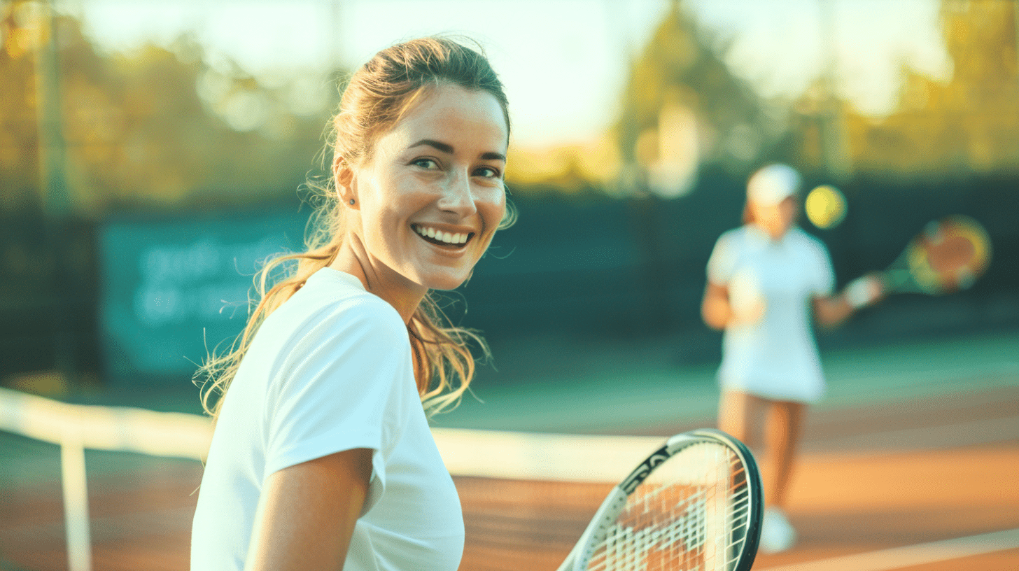 A healthy woman playing lawn tennis with her friend.