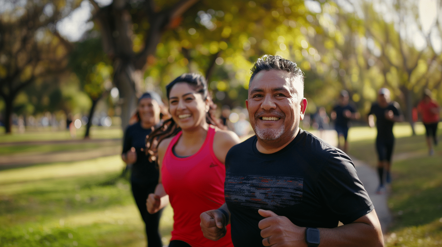 A group of friends jogging around the park.