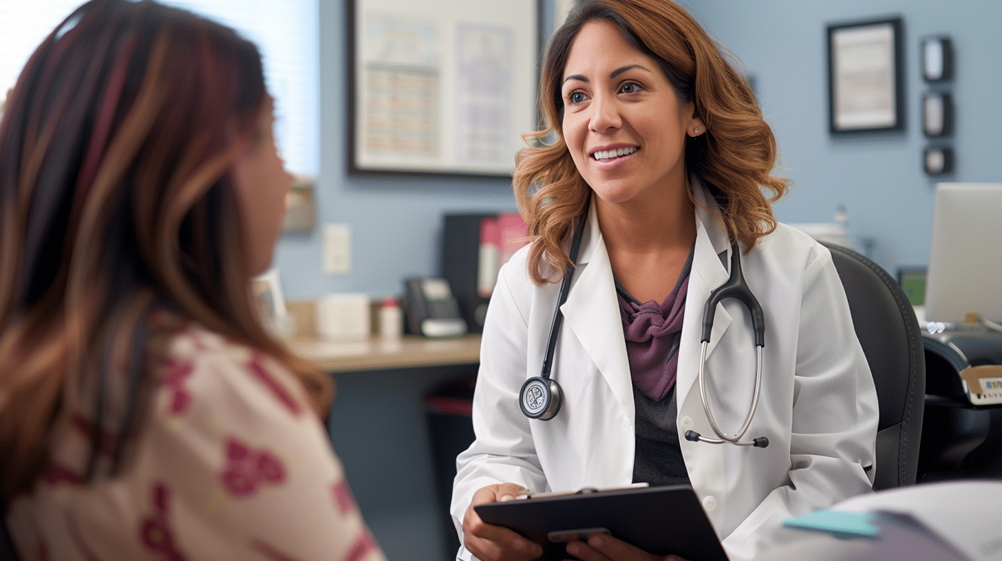 A doctor happily talking with her patient.