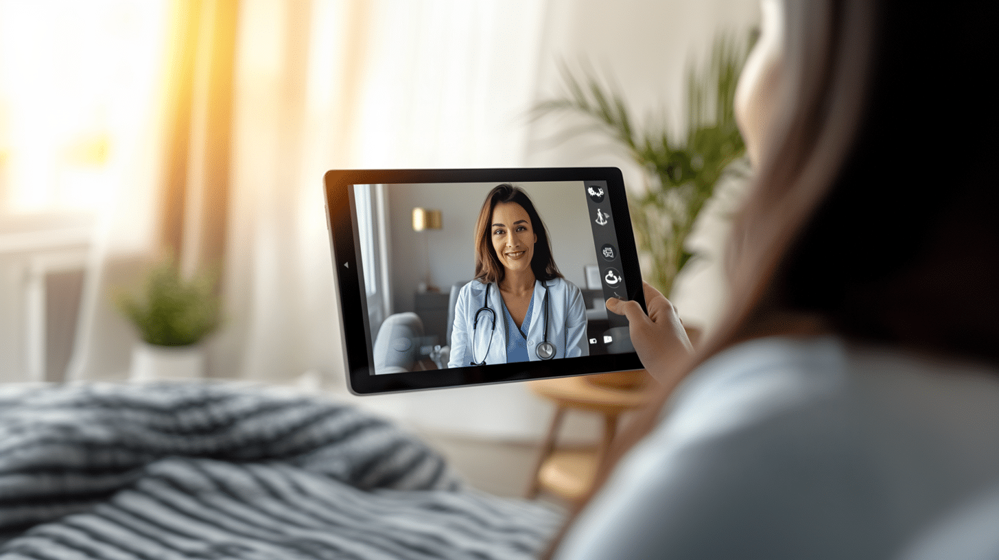 A woman having a telehealth consultation.