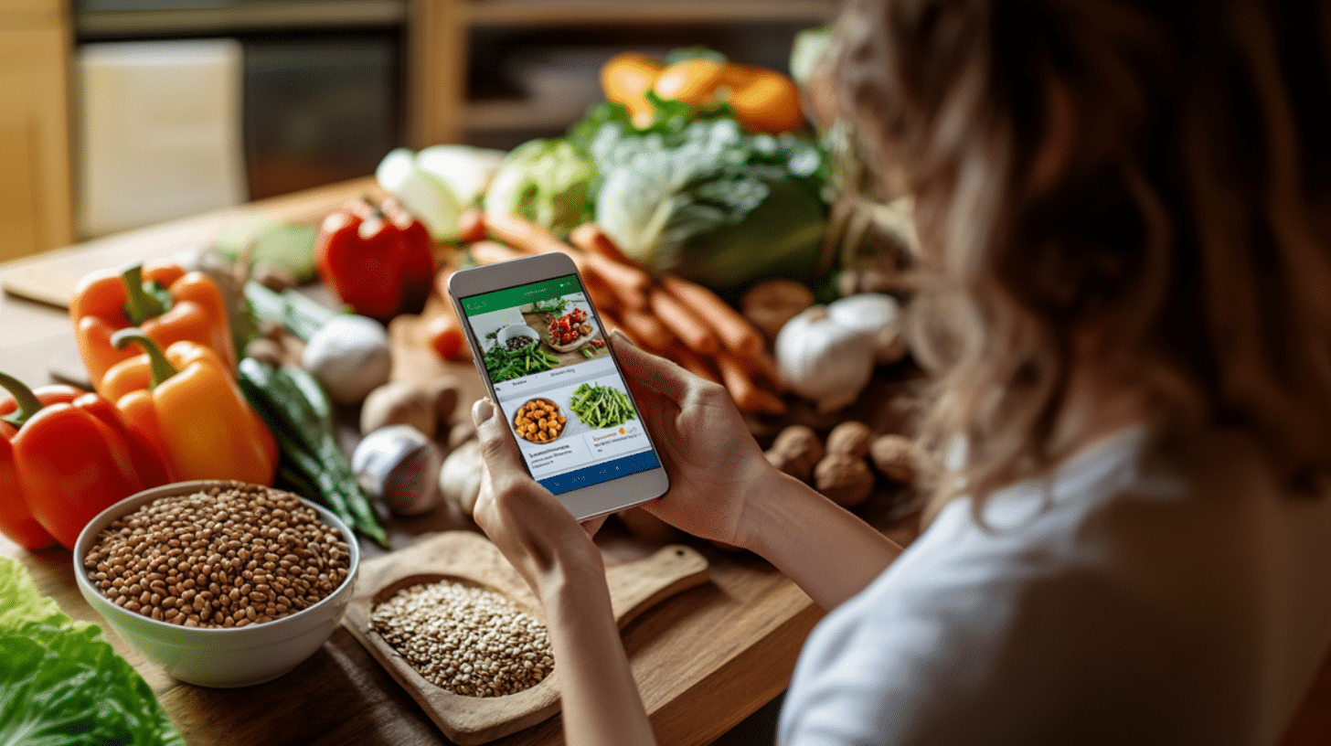 A woman scheduling her meal plan using a diet tracking app in her phone.