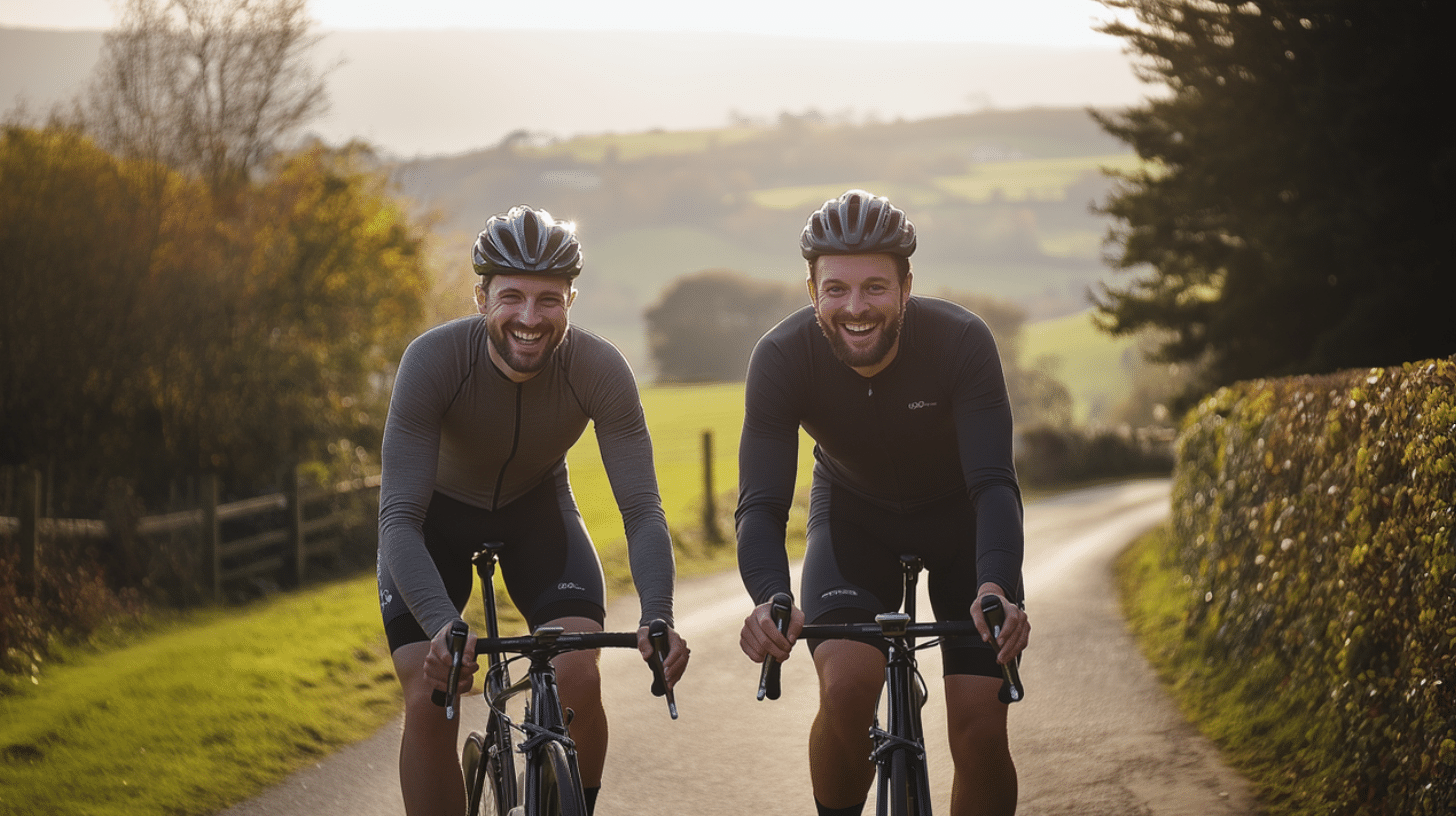 A man doing cycling exercises with his friend as part of their weight loss program.