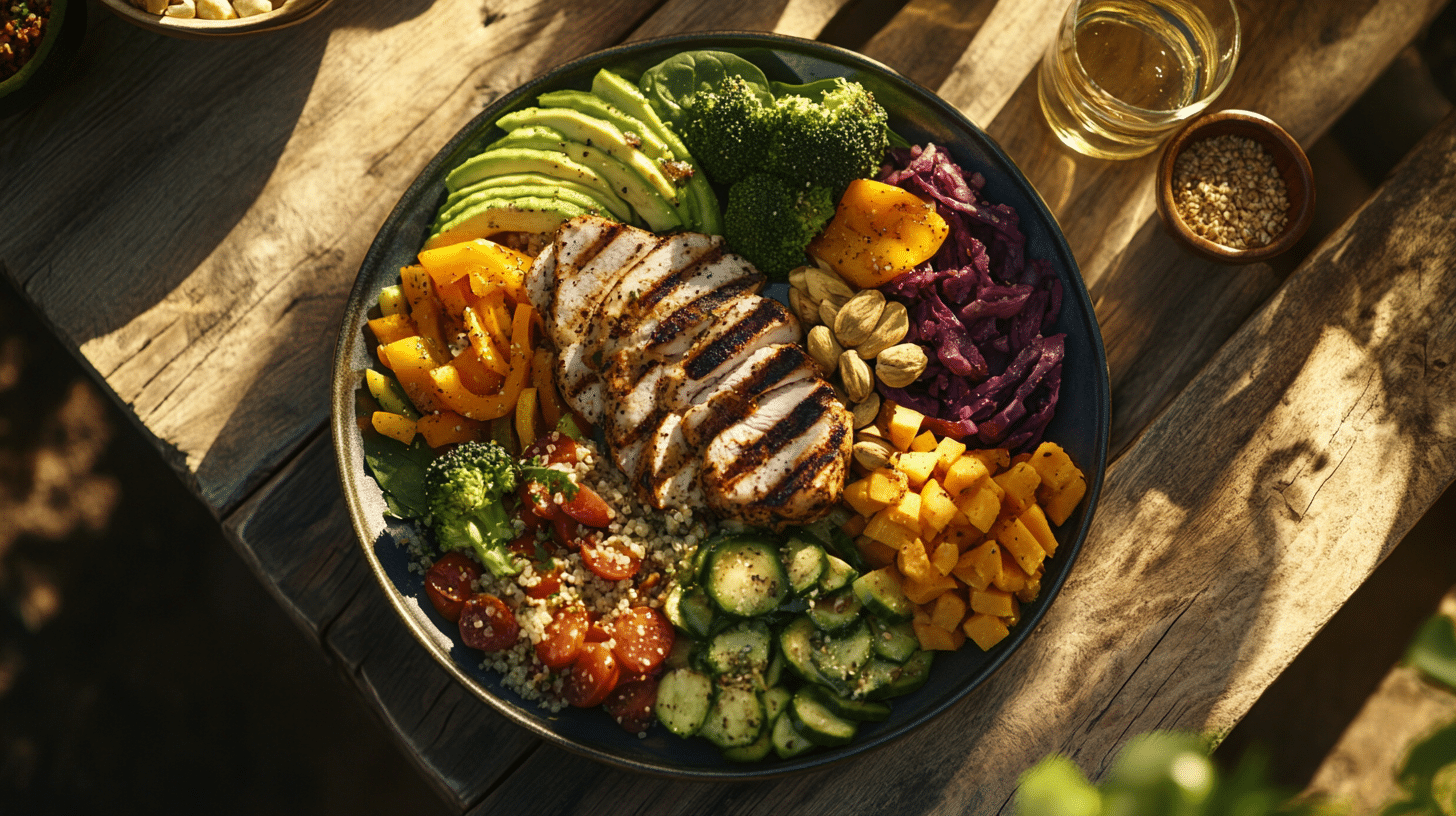 Image of a balanced meal on a plate set in a beautiful picnic setting. The plate is divided into sections: one half filled with fresh non-starchy vegetables like spinach, broccoli, and colorful bell peppers