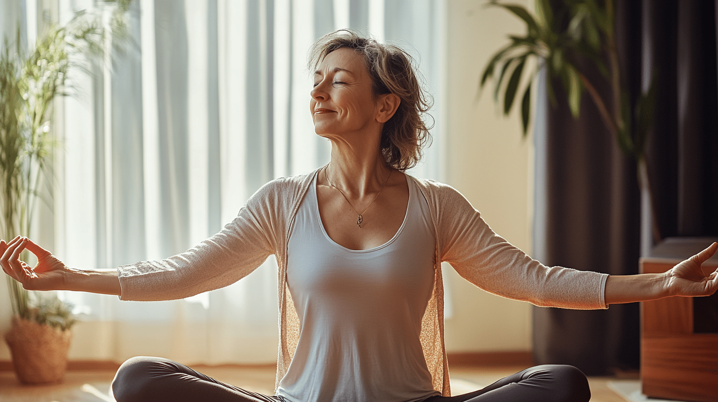 A middle-aged woman is doing yoga in her living room at home.