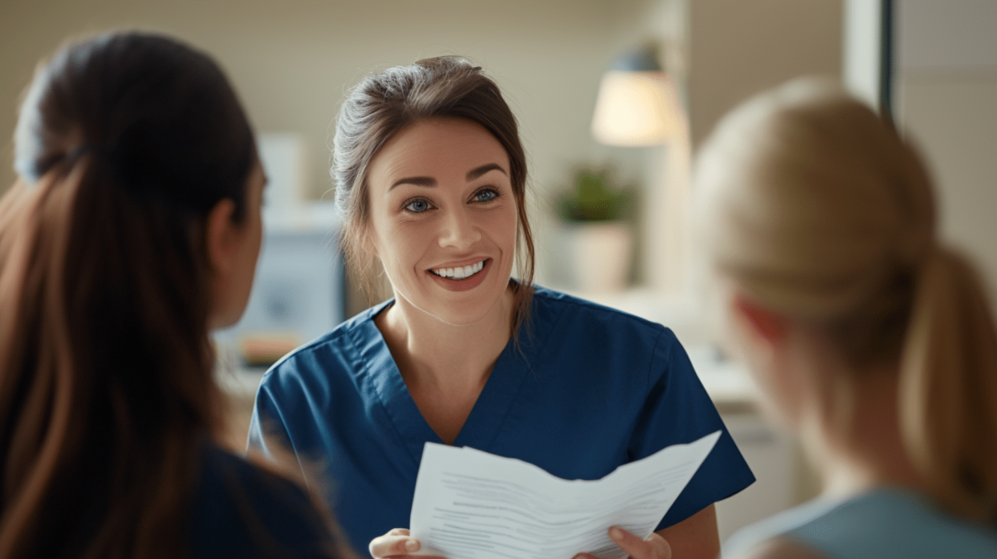 An image of a clinician in the clinic assisting a potential client by addressing their inquiries.