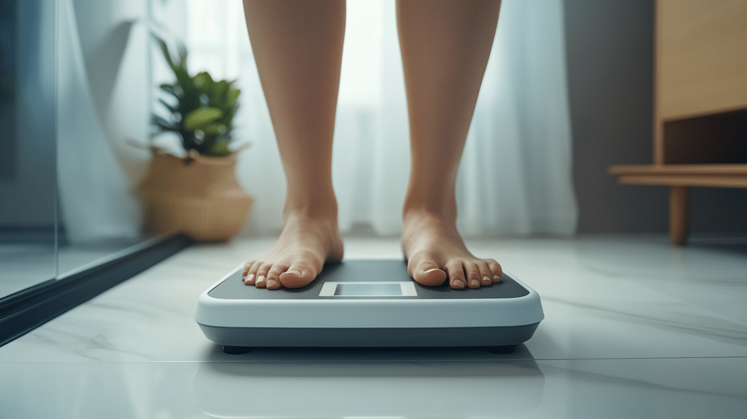 An image of an individual standing on a weighing scale, monitoring their weight.