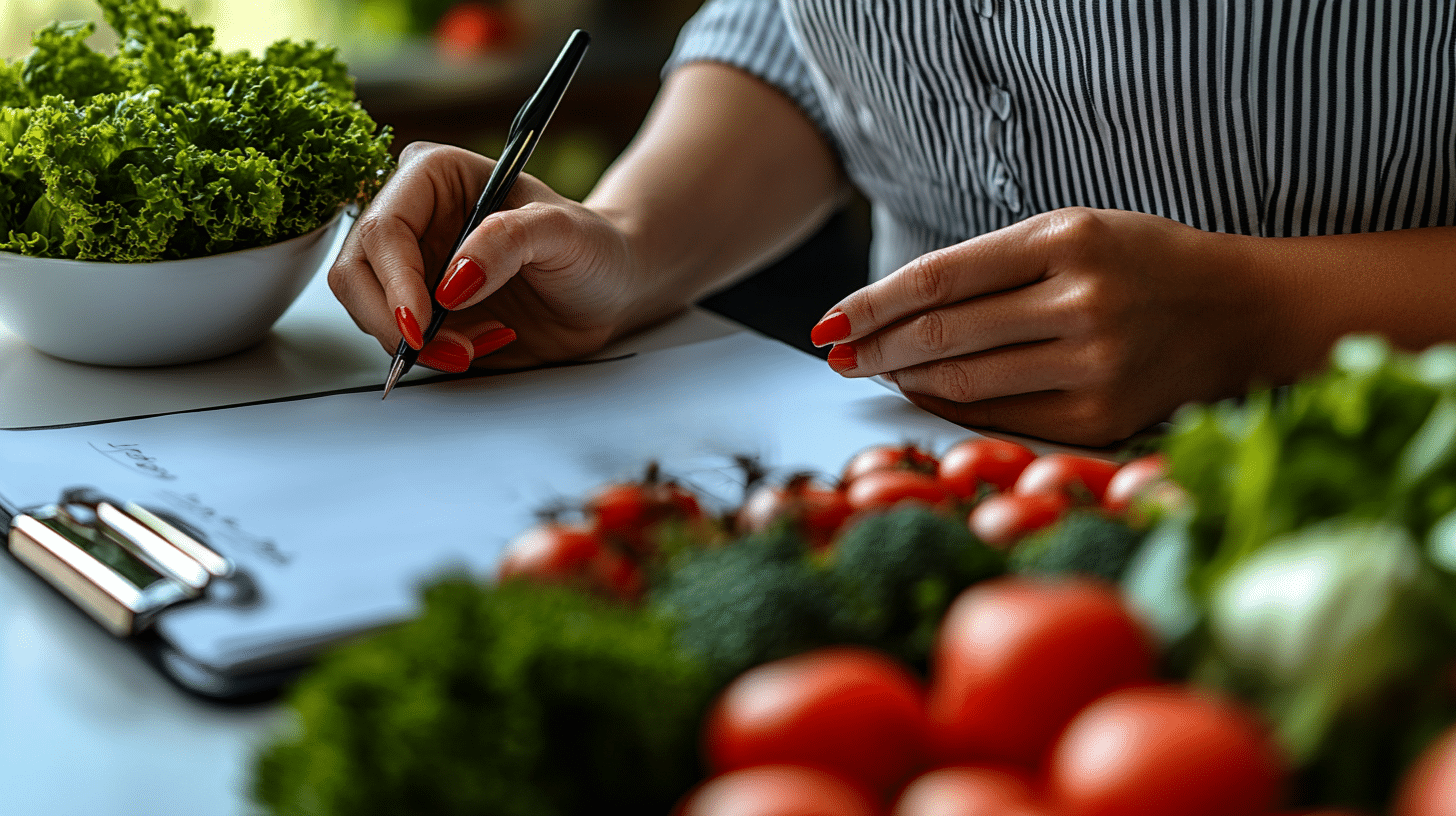 An image of a person revising her meal plan to reassess and improve her weight loss strategy.