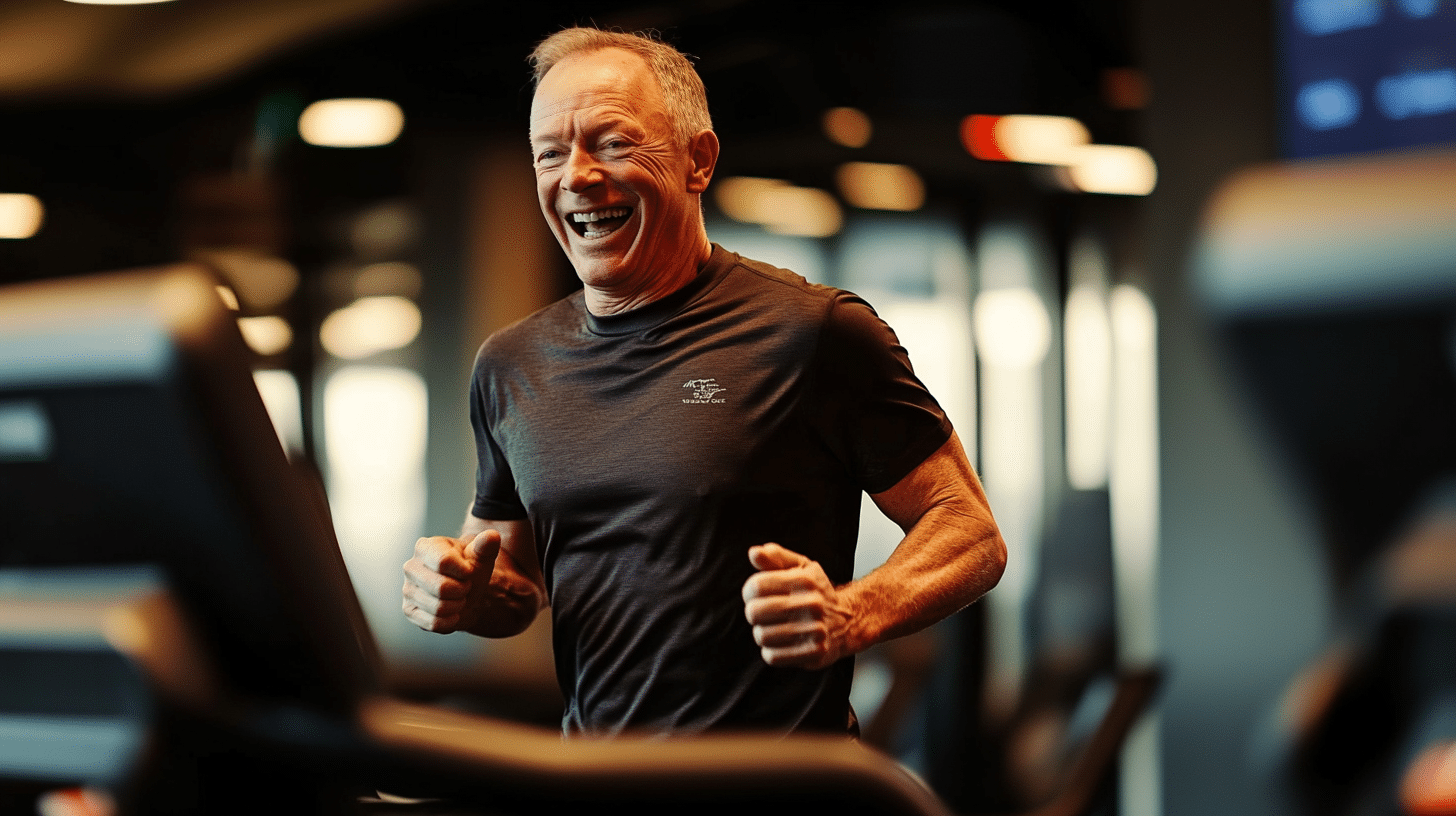 A healthy and active senior exercising on a treadmill at the gym.