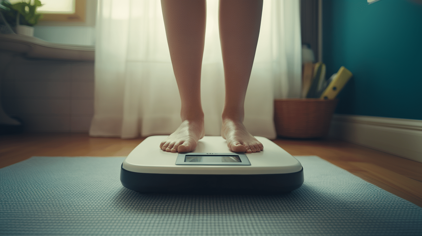 A woman standing on a weighing scale.