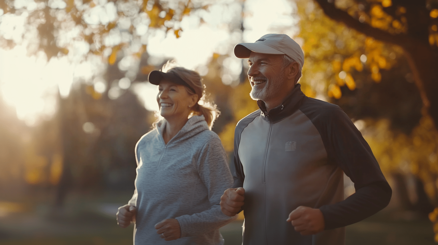 A smiling senior couple jogging in the park, wearing sportswear and sweatshirts, with soft morning light and a blurred nature background.