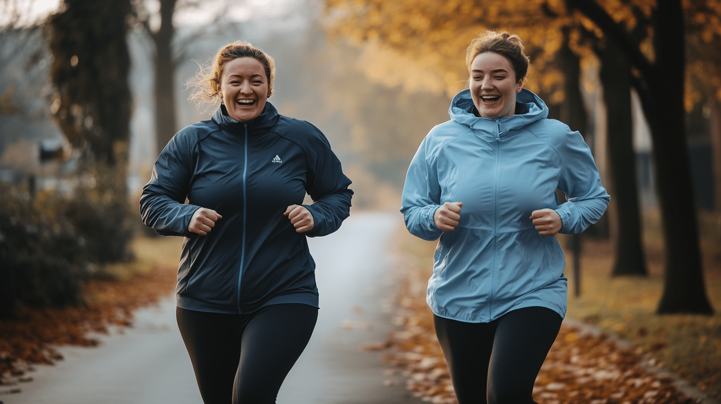 An image of women serving as each other's support system, jogging side by side and encouraging one another on their fitness journey.