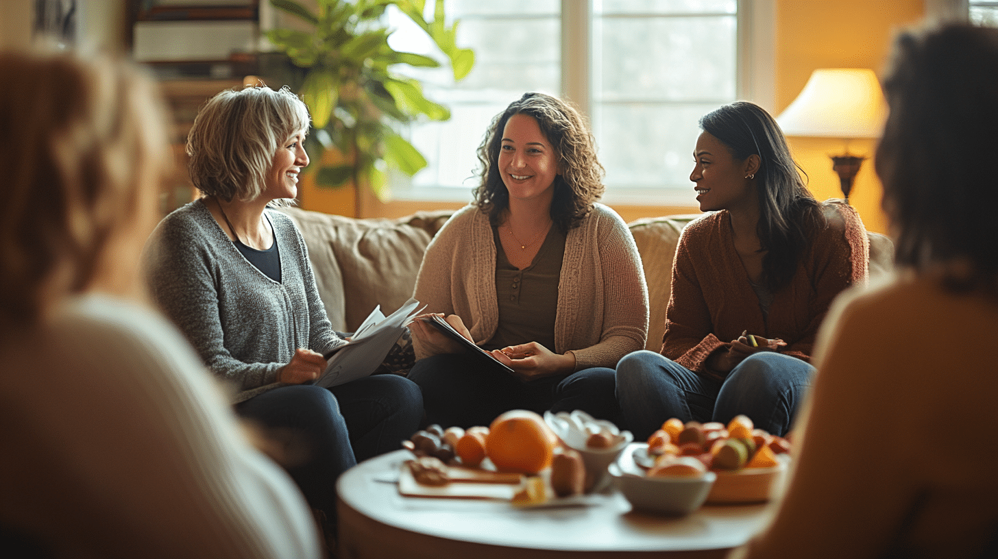 An image of a group support system engaging in a heartfelt and encouraging discussion about their personal growth and shared journeys.