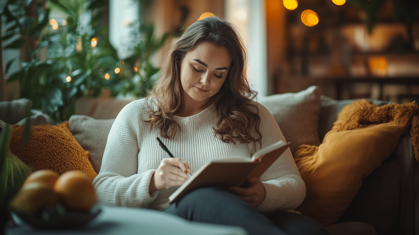 A woman taking down notes on her journal.