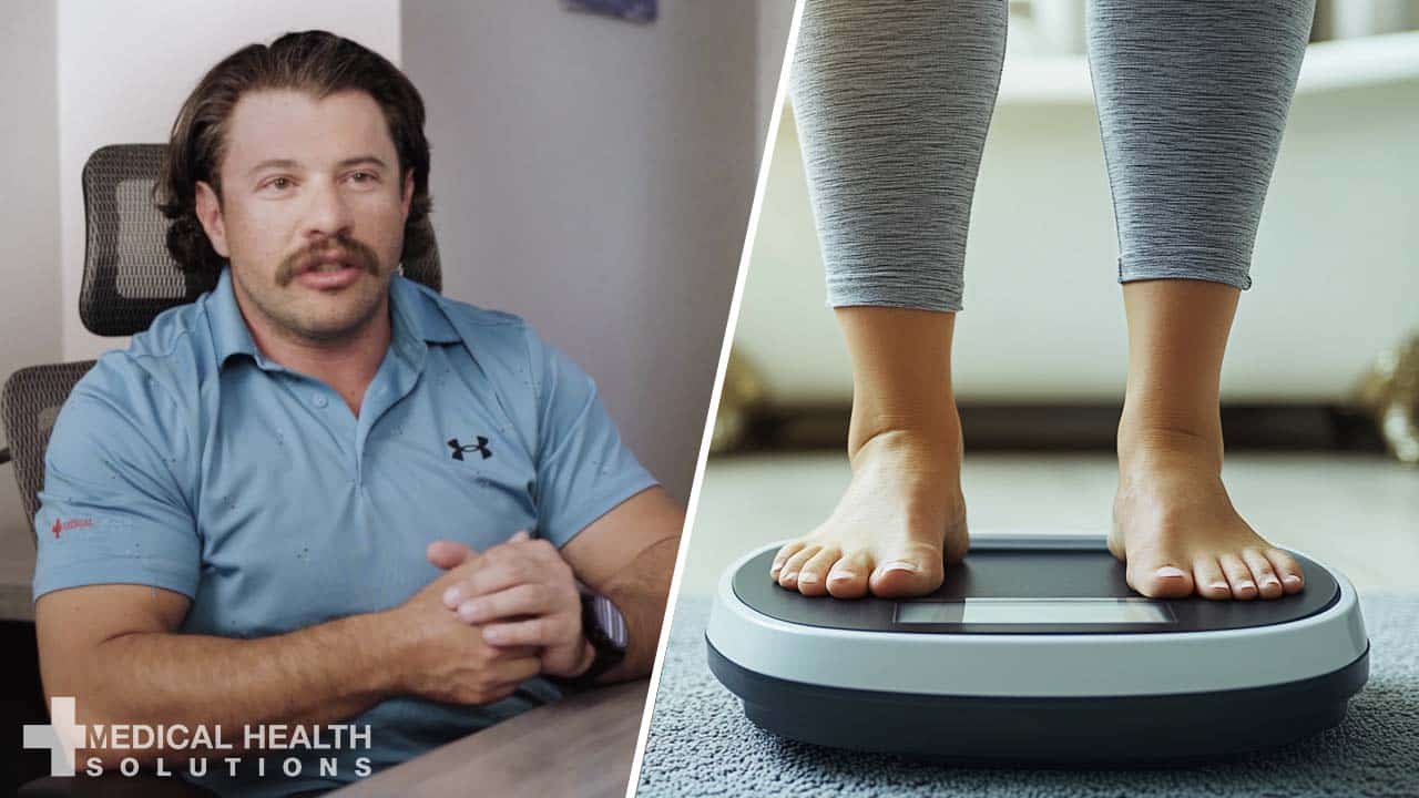 Medical Health Solutions staff member explaining medical weight loss options in Denver alongside a visual representing appetite regulation and health