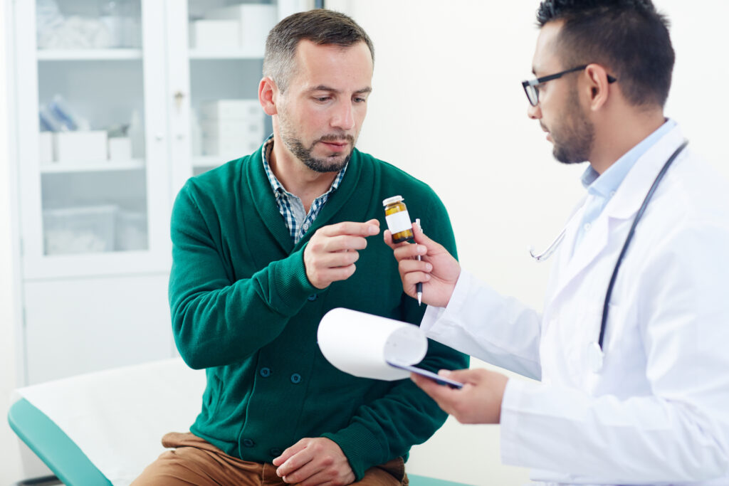 Man during medical consultation for testosterone and weight concerns